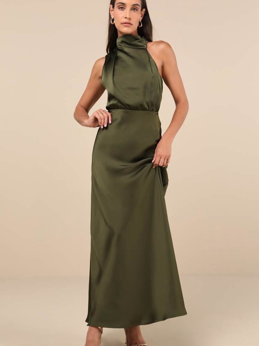 Lulu’s Distinctive Charm Olive Green Satin Asymmetrical Maxi Dress (3/4)